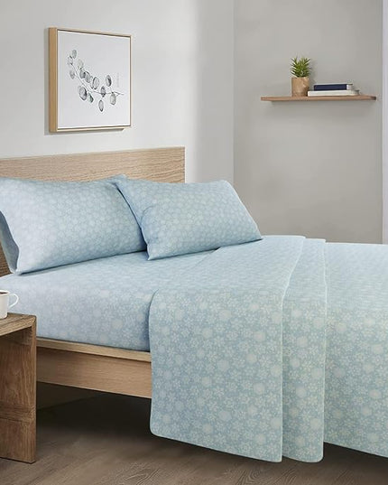 Comfort Spaces Cotton Flannel Breathable Warm Deep Pocket Sheets with Pillow Case Bedding, Cal King, Blue Snowflakes 4 Piece - LeafyLoom