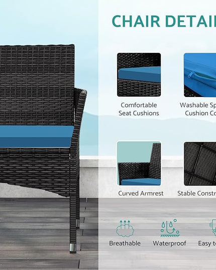 Patio Furniture, 4 Piece Conversation Set, Outdoor Wicker Rattan Table and Chairs, Sectional Sofa with Thick Cushion for Garden, Yard, or Porch, Black - LeafyLoom
