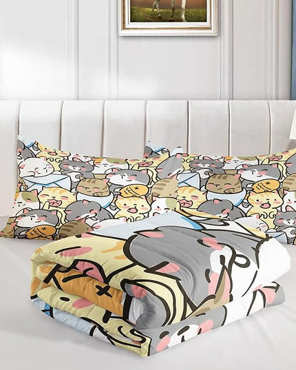 Kawaii Cat Comforter Full Size,Cute Cat Comforter Set for Kids Teens Girls,3Pcs Bedding Set Printed Comforter with 2 Pillowcases,Down Alternative,Soft and Lightweight，Full Size - LeafyLoom