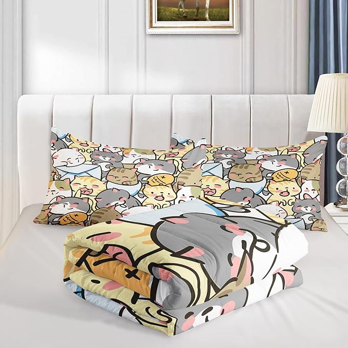 Kawaii Cat Comforter Twin Size,Cute Cat Comforter Set for Kids Teens Girls,3Pcs Bedding Set Printed Comforter with 2 Pillowcases,Down Alternative,Soft and Lightweight，Twin Size - LeafyLoom