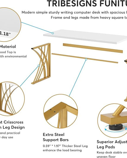 55’’ Large Modern Computer Desk, White & Gold Luxury Laptop PC Student Table, Makeup Vanity Table with Thick Frame & Strong Legs, Sturdy Writing Workstation for Home & Office - LeafyLoom