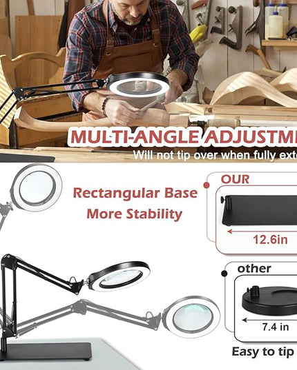 Veemagni 5 Inch Large Magnifying Glass with Light and Stand, 5 Color Modes Stepless Dimmable 10X Glass Lens, Hands Free 2-in-1 Desk Lamp & Clamp, LED Lighted Magnifier for Repair Crafts Close Work - LeafyLoom