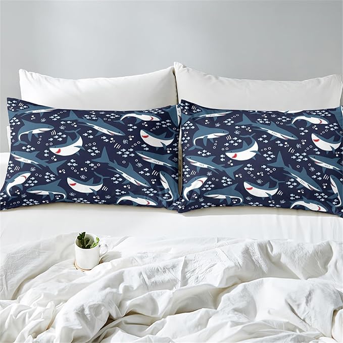 Shark Bedding Set for Boys Bedroom - 3Pcs Full Size Cartoon Sharks Comforter Set for Boys Kids Drak Blue Sea Animal Theme Bedding Set for Kids Room Decor Sharks Pattern Comforter with 2 Pillowcases - LeafyLoom
