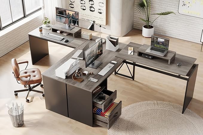 Bestier Lift Top L Shaped Desk with File Drawer, 55'' x 55'' Office Desk with Reversible Storage Drawers, L Shaped Standing Desk with Computer Monitor Stand (Grey Wash, 55'' x 55'') - LeafyLoom