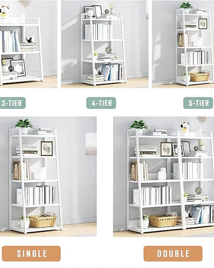 IOTXY 5 Tier Open Bookshelf - Steel and Wood Display Stand, 50CM Width Floor-Standing Bookcase, White - LeafyLoom