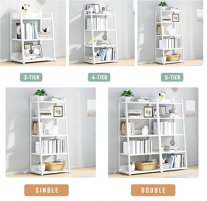 IOTXY 5 Tier Open Bookshelf - Steel and Wood Display Stand, 50CM Width Floor-Standing Bookcase, White - LeafyLoom
