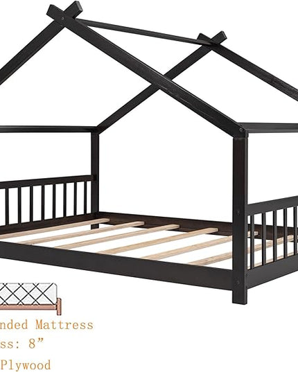 Bellemave Wood Montessori Full Size Bed Frame, Espresso - Playhouse Design, Sturdy, Safety, No Box Spring Needed, Easy Assemble - LeafyLoom