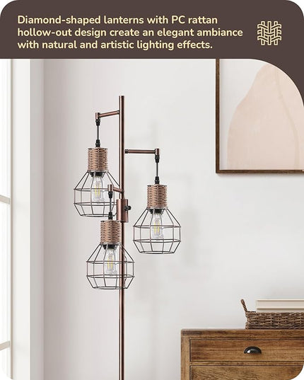 EDISHINE Dimmable Rustic Floor Lamp, Farmhouse Standing Lamp with 3 LED Edison Bulbs, Rattan Design Floor Lamps for Living Room, Bedroom, Reading Corner, Office, Electroplated Brushed Red Copper - LeafyLoom