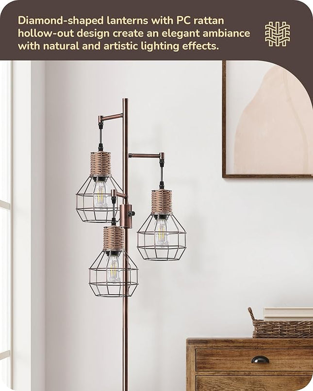 EDISHINE Dimmable Rustic Floor Lamp, Farmhouse Standing Lamp with 3 LED Edison Bulbs, Rattan Design Floor Lamps for Living Room, Bedroom, Reading Corner, Office, Electroplated Brushed Red Copper - LeafyLoom