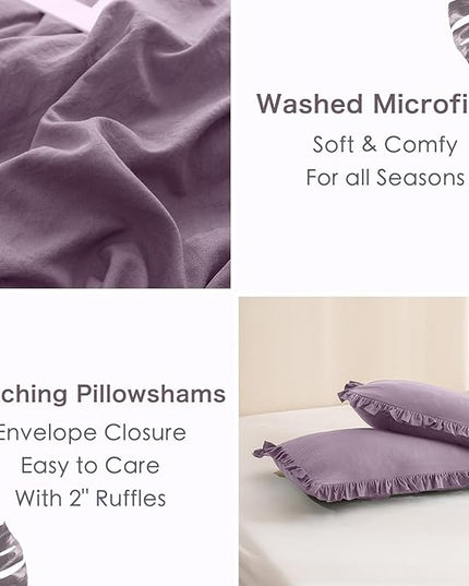 Ruffle Comforter Queen Size,Farmhouse Shabby Boho Chic Queen Bedding Comforter Set,3pcs Ultra Soft Fluffy Grayish Purple Comforter Sets for Queen Bed with 2 Ruffled Pillowcases - LeafyLoom