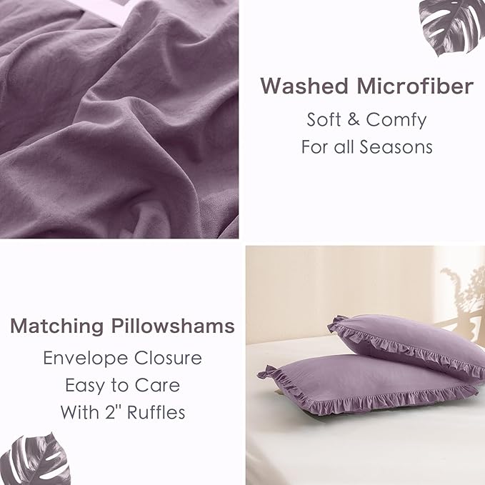 Ruffle Comforter Queen Size,Farmhouse Shabby Boho Chic Queen Bedding Comforter Set,3pcs Ultra Soft Fluffy Grayish Purple Comforter Sets for Queen Bed with 2 Ruffled Pillowcases - LeafyLoom
