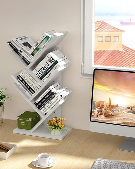 Topfurny Tree Bookshelf, 4-Tier Book Storage Organizer Shelves Floor Standing Bookcase, Wood Storage Rack for Office Home School Shelf Display for Cd/Magazine/Book -White - LeafyLoom