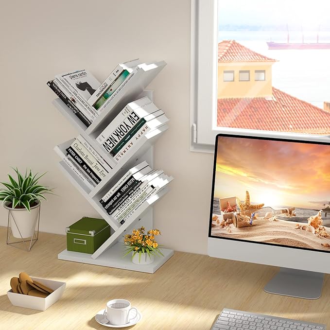 Topfurny Tree Bookshelf, 4-Tier Book Storage Organizer Shelves Floor Standing Bookcase, Wood Storage Rack for Office Home School Shelf Display for Cd/Magazine/Book -White - LeafyLoom