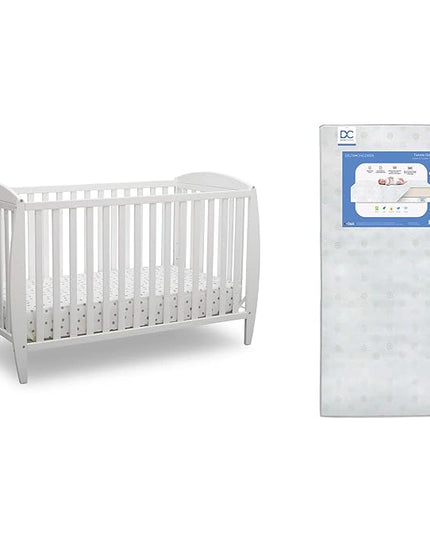 Delta Children Twinkle 4-in-1 Convertible Baby Crib, Sustainable New Zealand Wood, White and Delta Children Twinkle Galaxy Dual Sided Recycled Fiber Core Crib and Toddler Mattress (Bundle) - LeafyLoom