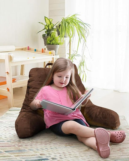 Clara Clark Reading Pillow for Kids, Small Back Pillow for Sitting Up in Bed, Memory Foam Back Support Pillow, Reading Pillows for Sitting in Bed, Chocolate Brown Gaming Pillow with Arms and Pockets - LeafyLoom