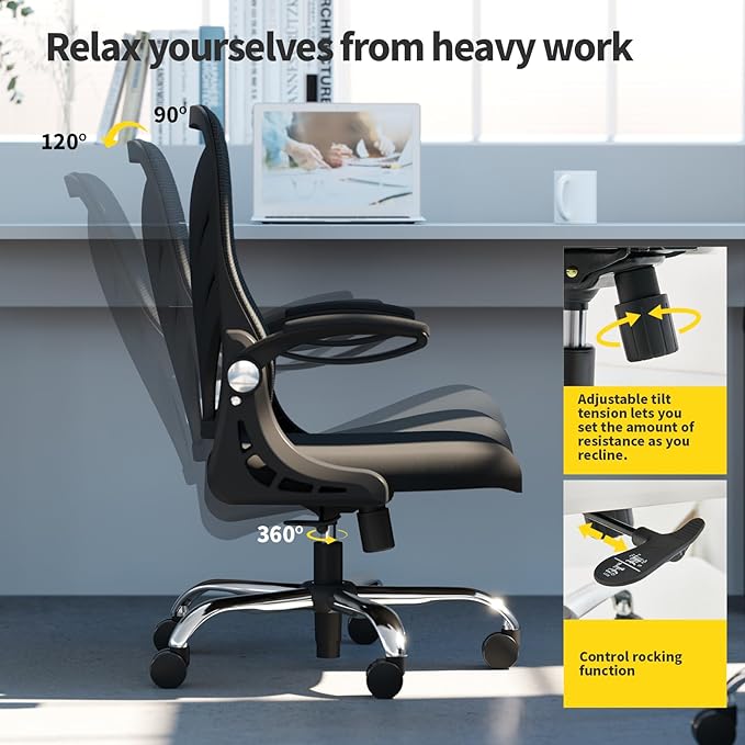 Ergonomic Office Chair with Foldable Backrest, Computer Desk Chair with Flip-up Armrests, Mesh Lumbar Support and Tilt Function Big and Tall Office Chair, Black - LeafyLoom