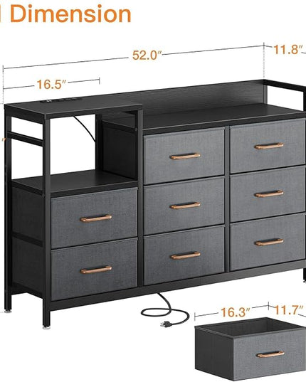 ODK Dresser with Charging Station, 52-Inch Long Dresser TV Stand for Bedroom, Large Dresser with 8 Storage Drawers, Chest of Drawers Easy-Pull Fabric Dressers for Living Room, Black and Dark Grey - LeafyLoom