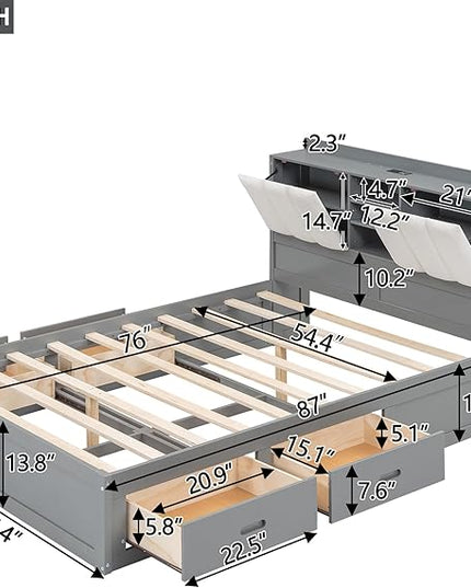 Wood Full Size Platform Bed with Storage Headboard and 4 Drawers, Gray - LeafyLoom
