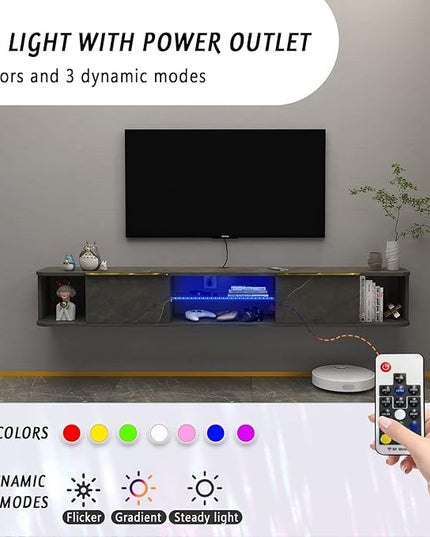 Pmnianhua LED Floating TV Stand with 2 Drawers for 75 inch TV,70'' Floating TV Console with LED Lights,Floating Entertainment Shelf with Storage for Bedroom Playroom Living Room(Dark Grey) - LeafyLoom