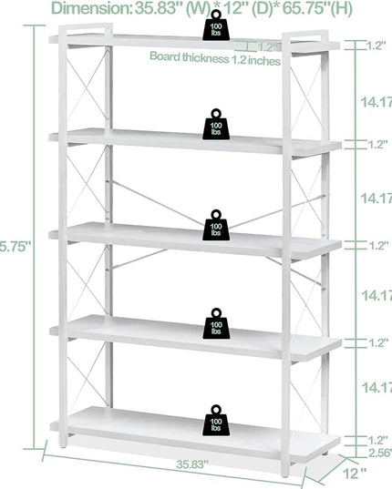 HCHQHS Bookshelf, 5-Tier Industrial Bookcase, White Open Book Shelf, Freestanding Tall Bookshelves with Metal Frame - LeafyLoom