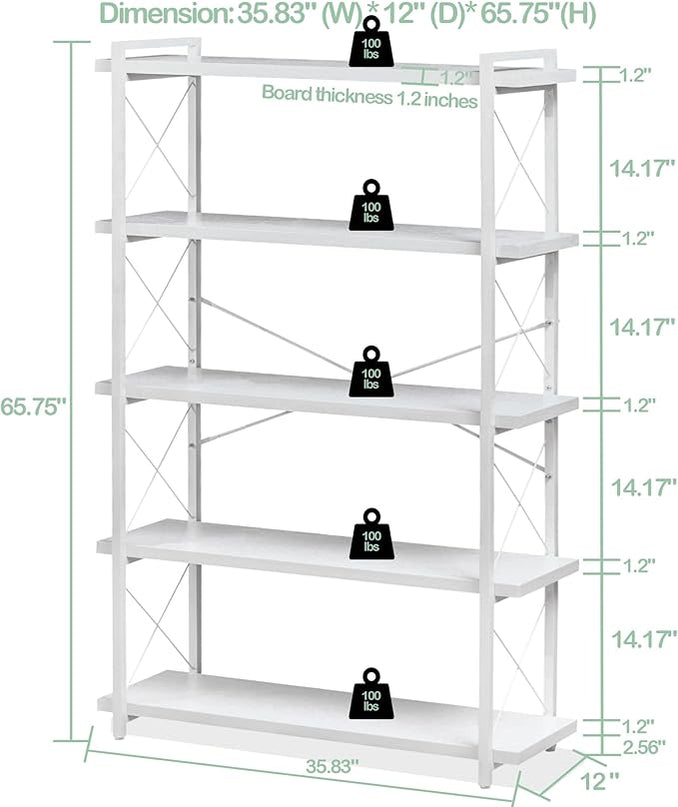 HCHQHS Bookshelf, 5-Tier Industrial Bookcase, White Open Book Shelf, Freestanding Tall Bookshelves with Metal Frame - LeafyLoom