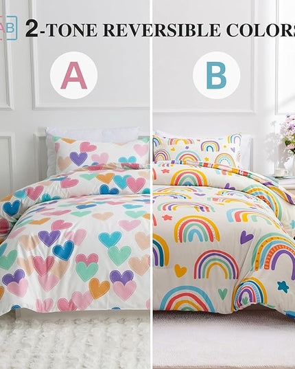Btargot 3 Piece Kids Rainbow Comforter Set with 2 Pillow Covers, Cartoon Love Hearts Suns and Stars Bedding Set for Girls Boys Kids, Full Beige - LeafyLoom