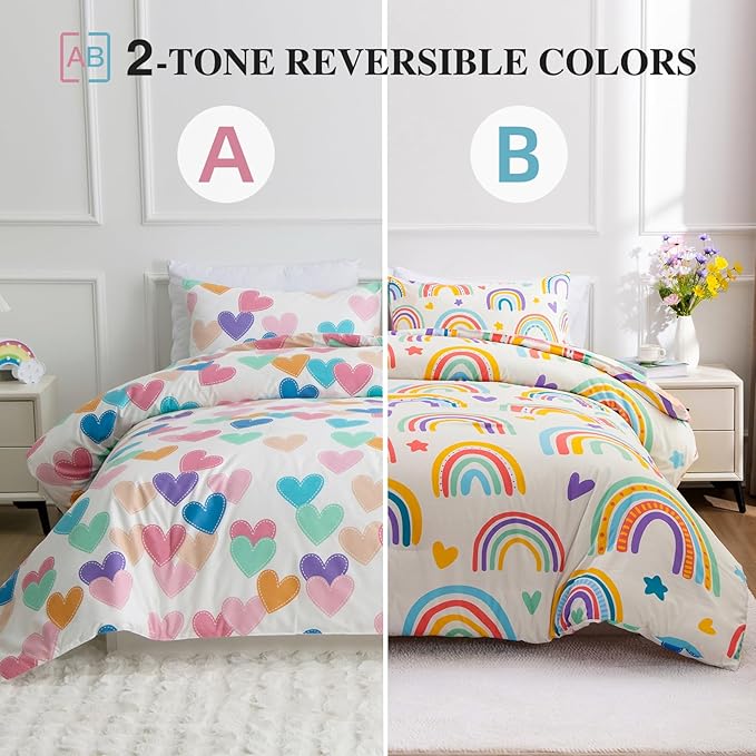 Btargot 3 Piece Kids Rainbow Comforter Set with 2 Pillow Covers, Cartoon Love Hearts Suns and Stars Bedding Set for Girls Boys Kids, Full Beige - LeafyLoom