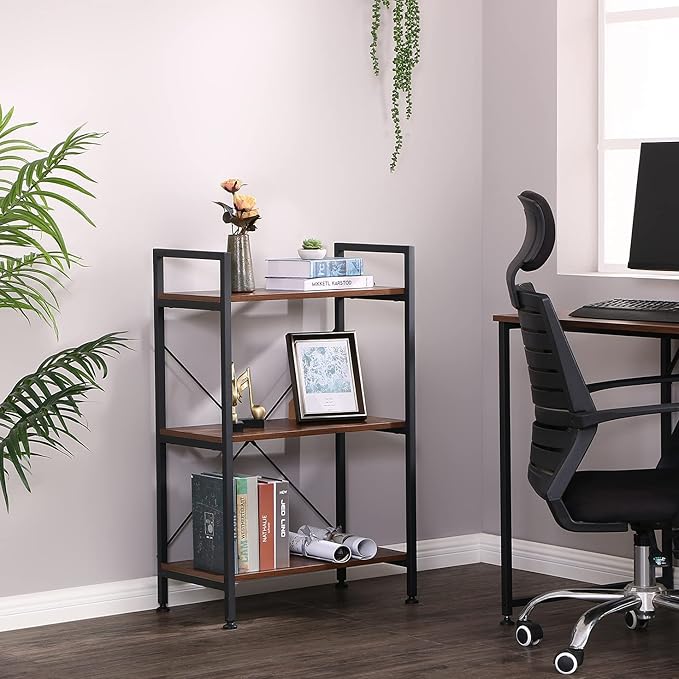 BEWISHOME 3 Tier Bookshelf, Rustic Small Book Shelf for Small Spaces, Brown Wooden Shelves for Bedroom Living Room and Home Office, 13.58" D x 24.21" W x 37" H, JCJ32Z - LeafyLoom