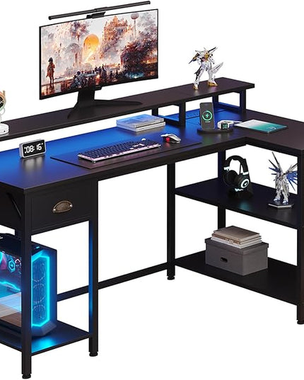 Shintenchi 50" L Shaped Computer Desk with 3-Tier Storage Shelves & Drawer, Reversible Gaming Desk with Monitor Stand & 32 Colors LED Lights, Modern Study Workstation for Home Office, Black - LeafyLoom