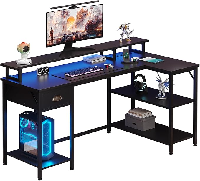 Shintenchi 50" L Shaped Computer Desk with 3-Tier Storage Shelves & Drawer, Reversible Gaming Desk with Monitor Stand & 32 Colors LED Lights, Modern Study Workstation for Home Office, Black - LeafyLoom