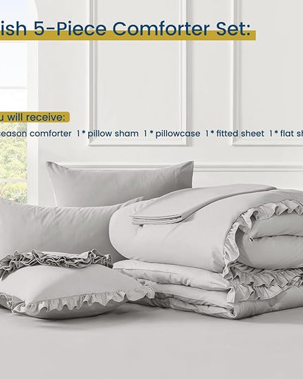 Twin Bed in a Bag 5 Pieces Comforter Set Twin, Ruffle Shabby Chic Bedding Comforter Set Light Grey Bed Set with Comforter, Pillowcase, Flat Sheet, Fitted Sheet and Pillow Sham - LeafyLoom