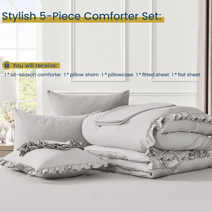 Twin Bed in a Bag 5 Pieces Comforter Set Twin, Ruffle Shabby Chic Bedding Comforter Set Light Grey Bed Set with Comforter, Pillowcase, Flat Sheet, Fitted Sheet and Pillow Sham - LeafyLoom