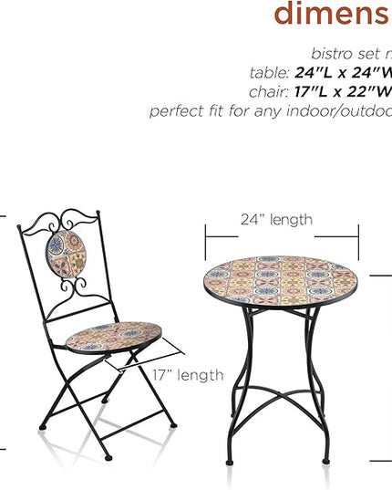 Alpine Corporation Indoor/Outdoor Mediterranean Tile Design Set Table and Chairs Patio Seating - LeafyLoom