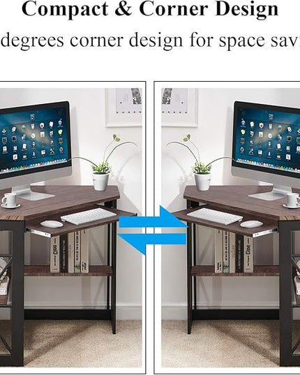 VECELO Corner Computer Desk 42 x 30 inches with Smooth Keyboard & Storage Shelves for Home Office Workstation, Rustic Brown - LeafyLoom