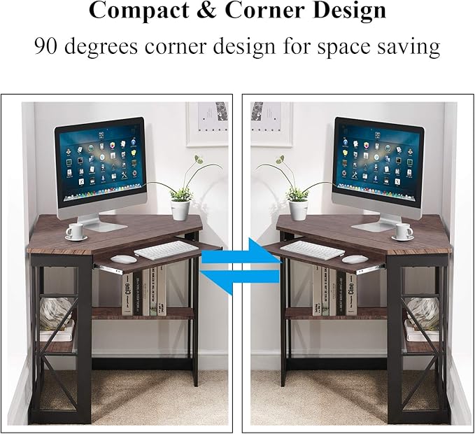 VECELO Corner Computer Desk 42 x 30 inches with Smooth Keyboard & Storage Shelves for Home Office Workstation, Rustic Brown - LeafyLoom