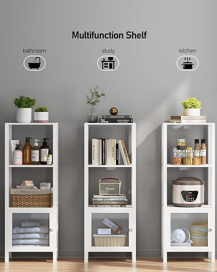 TUTOTAK 4 Tier Bookcase and Bookshelf, Narrow Book shelf with Door for Small Space, for Living Room, Office, Study, Entryway, White BS03BW004 - LeafyLoom