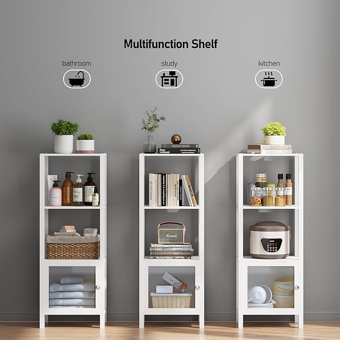TUTOTAK 4 Tier Bookcase and Bookshelf, Narrow Book shelf with Door for Small Space, for Living Room, Office, Study, Entryway, White BS03BW004 - LeafyLoom