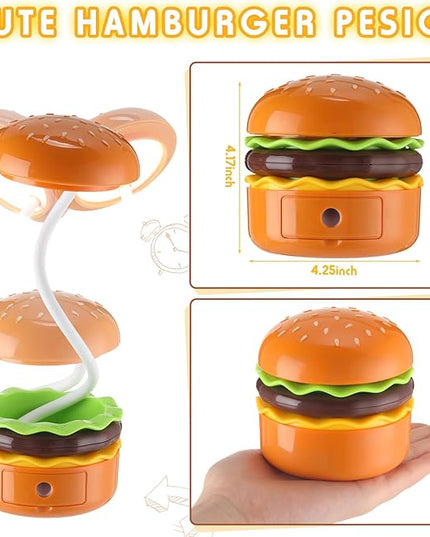 2 Pcs Cute Hamburger Lamp with Pencil Sharpener, Adjustable Novelty Night Desk Lamp, Funny Rechargeable Multifunctional Reading Bedside Lamp for Home Bedroom Boys Girls Kawaii Gift - LeafyLoom