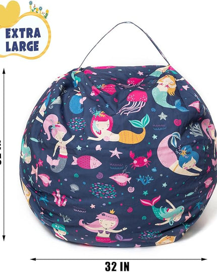 Stuffed Animal Storage Bean Bag Chair Cover, Hold Kids Plush Toys Blankets Towels Beanbag (Cover Only), Canvas Floor Circle Stuff Sit Seat Sofa with YKK Zipper, Large 32", - LeafyLoom