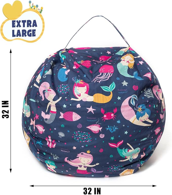 Stuffed Animal Storage Bean Bag Chair Cover, Hold Kids Plush Toys Blankets Towels Beanbag (Cover Only), Canvas Floor Circle Stuff Sit Seat Sofa with YKK Zipper, Large 32", - LeafyLoom