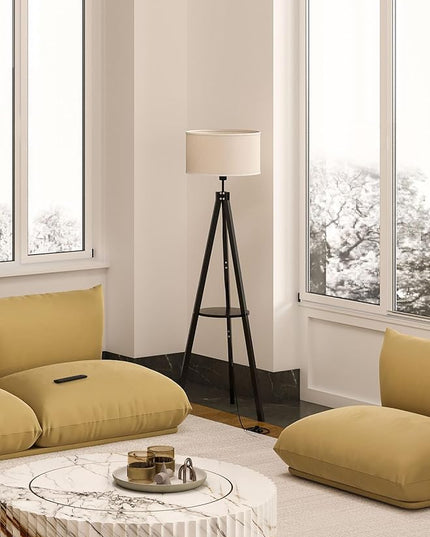 addlon Tripod floor lamp with remote, floor lamps for living room, standing wood lamp with shelf, mid century lamp with LED bulb for bedroom, office (Stepless brightness, multiple CCT)- Black - LeafyLoom