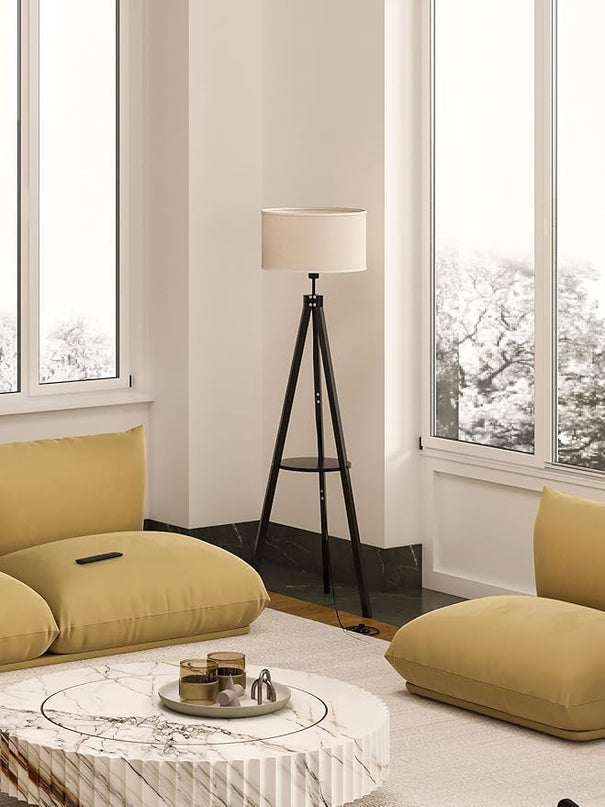 addlon Tripod floor lamp with remote, floor lamps for living room, standing wood lamp with shelf, mid century lamp with LED bulb for bedroom, office (Stepless brightness, multiple CCT)- Black - LeafyLoom