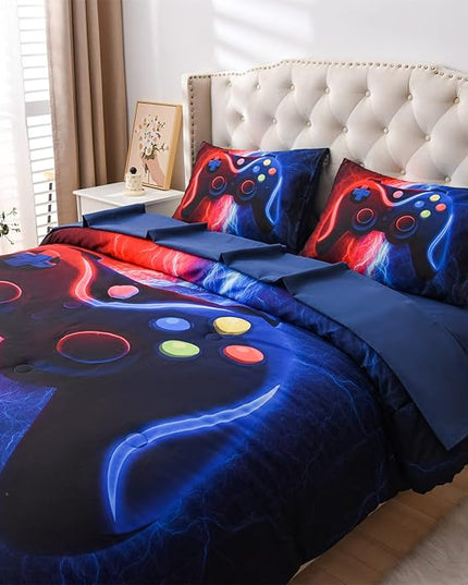 Meeting Story Gamer Gaming Bedding Sets Red-Blue Lightnings Gamepad Comforter Set for Boys Games Console Action Buttons Novelty Colorful Modern Room Decor Home Quilt Set (Red-Blue, Twin 5Pcs) - LeafyLoom