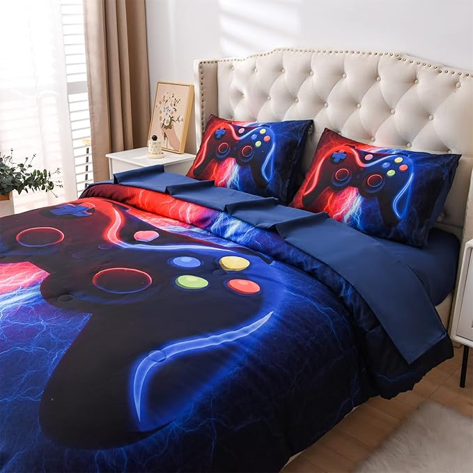 Meeting Story Gamer Gaming Bedding Sets Red-Blue Lightnings Gamepad Comforter Set for Boys Games Console Action Buttons Novelty Colorful Modern Room Decor Home Quilt Set (Red-Blue, Twin 5Pcs) - LeafyLoom