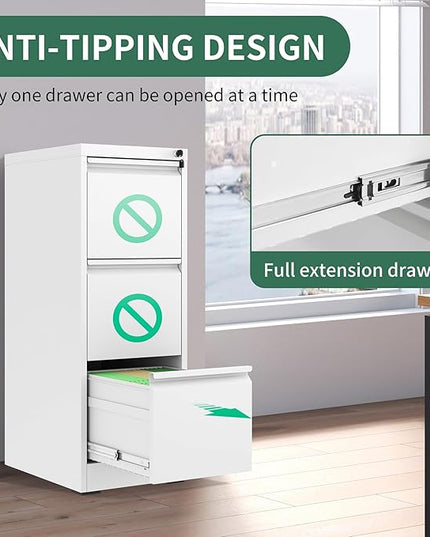 3 Drawer File Cabinet with Lock, Metal Vertical Filing Cabinets for Home Office, Steel Storage Cabinet for Hanging Legal/Letter Size Files, Assembly Required (White) - LeafyLoom
