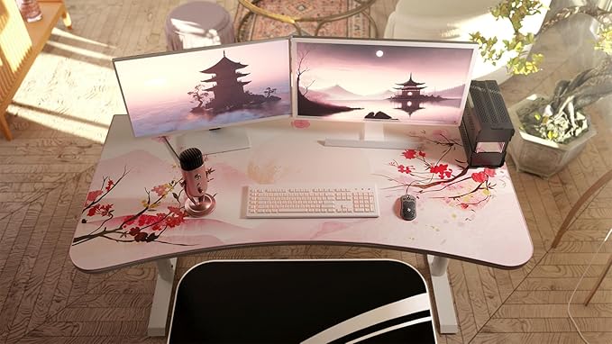 Arozzi Arena Special Edition Ultrawide Curved Gaming and Office Desk with Full Surface Water Resistant Desk Mat Custom Monitor Mount Cable Management Cut Outs - Sakura - LeafyLoom