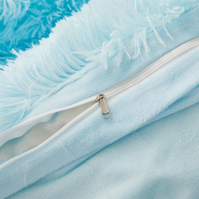 Fluffy Blue Comforter Cover Set Queen - Ultra Soft Plush Blue Bedding Sets 3 Pieces (1 Faux Fur Duvet Cover + 2 Faux Fur Pillow case) Blue Bed Set Queen (Blue, Queen) - LeafyLoom
