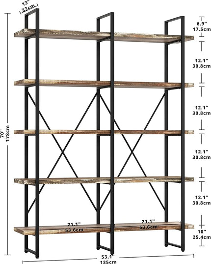IRONCK Bookshelf, Double Wide 5-Tier Open Bookcase Vintage Industrial Large Shelves, Wood and Metal Etagere Bookshelves, for Home Decor Display, Office Furniture, 13D x 53.1W x 70H in - LeafyLoom