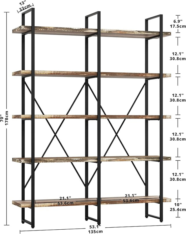IRONCK Bookshelf, Double Wide 5-Tier Open Bookcase Vintage Industrial Large Shelves, Wood and Metal Etagere Bookshelves, for Home Decor Display, Office Furniture, 13D x 53.1W x 70H in - LeafyLoom