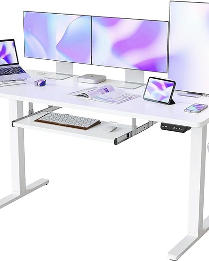 FEZIBO Standing Desk with Keyboard Tray, 63 × 24 Inches Electric Height Adjustable Desk, Sit Stand Up Desk, Computer Office Desk, White - LeafyLoom